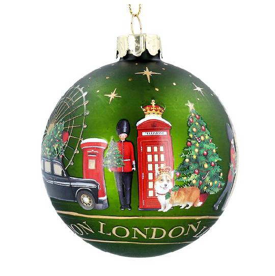 INDENT - Pack 12, Glass Ball Matt Green, London Scene 8cm